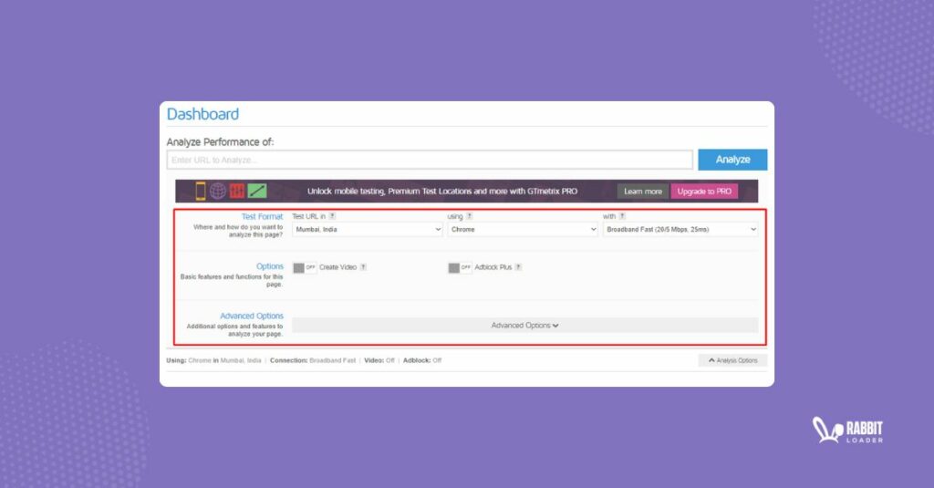 GTmetrix dashboard