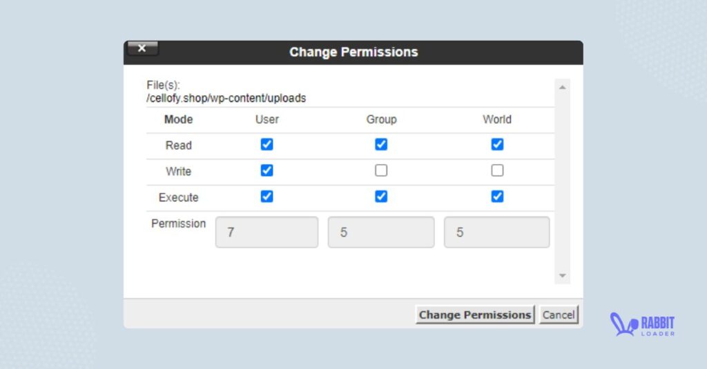 WordPress Media Library Not Loading, Upload folder change permissions